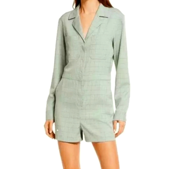 Treasure & Bond Pants - TREASURE & BOND Plaid‎ Romper Size L Green Jumpsuit Button Front  Office Casual